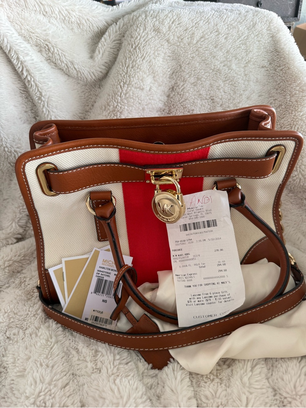 MICHAEL Michael Kors Cream Canvas Tote with Red Stripe and Brown Leather Trim